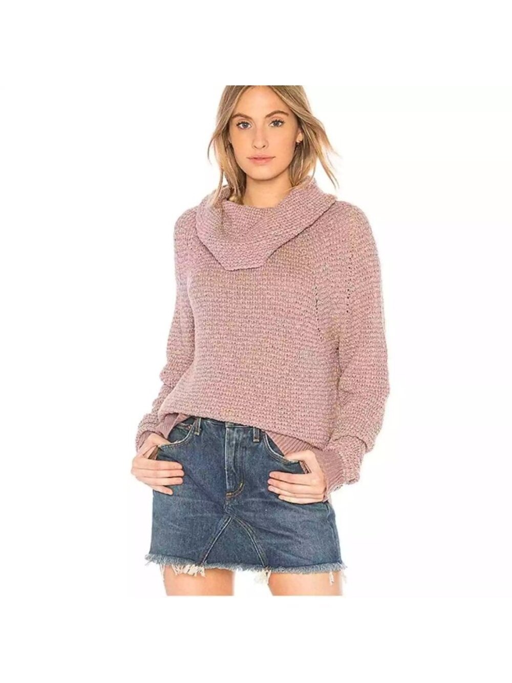Free People By Your Side Sweater Small Cowl Neck Mauve Pink Cozy Relaxed Warm